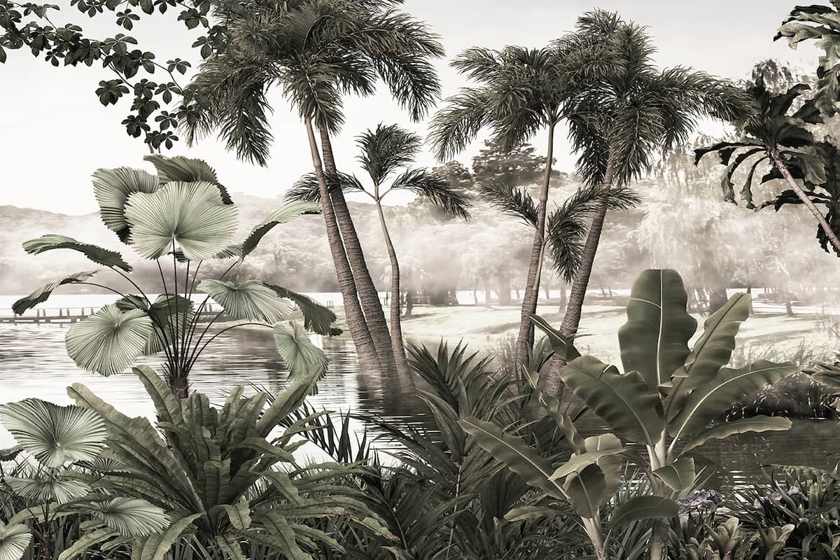 Tropikal göl manzaralı palmiye duvar kağıdı, egzotik yapraklar ve panoramik botanical mural desenli özel ölçü duvar kağıdı.