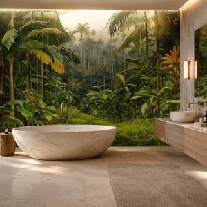Banyo dekorasyonu için tropikal orman manzaralı duvar kağıdı, palmiye ağaçları ve egzotik bitkilerle spa atmosferi oluşturan duvar dekorasyonu.
