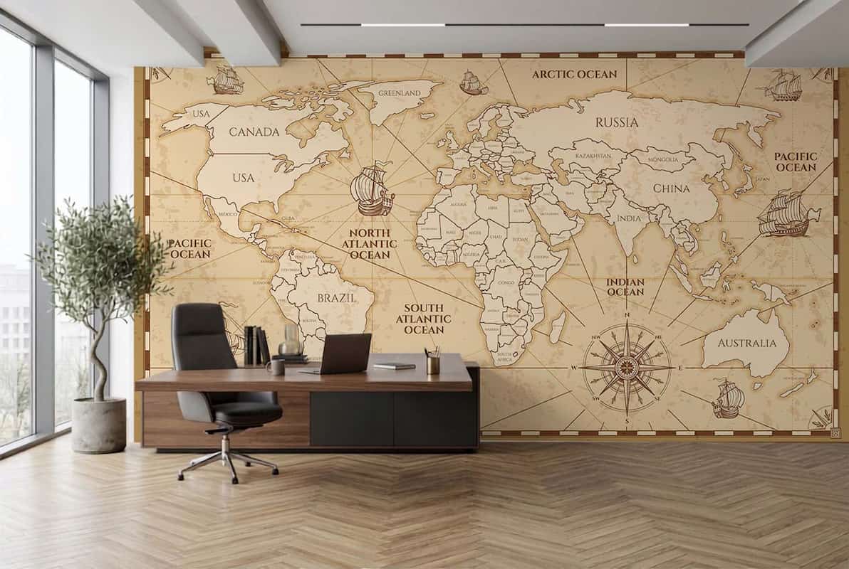 Eskitme Görünümlü Antik Dünya Haritası Duvar Kağıdı H0001