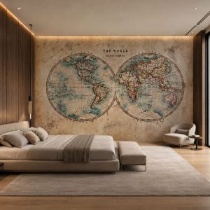 Eskitme Görünümlü Çift Yarım Küre Dünya Haritası Duvar Kağıdı H0028