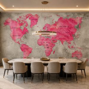 Yemek odası için dünya haritası duvar kağıdı, pembe harita desenli modern özel ölçü duvar kağıdı.