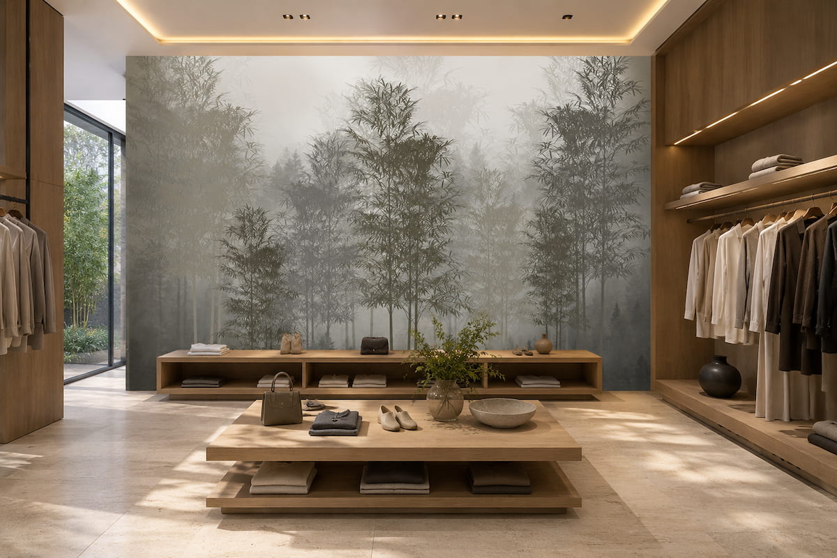 Salon için sisli orman duvar kağıdı, çam ağaçları ve doğal manzara görünümüyle modern duvar dekorasyonu ve duvar kaplama modeli.