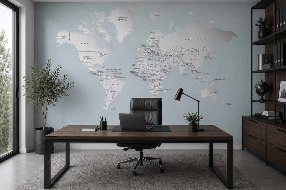 Ofis dekorasyonu için minimalist dünya haritası duvar kağıdı, açık mavi zeminli modern harita tasarımlı özel üretim duvar kağıdı.