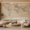 Salon dekorasyonu için minimal dünya haritası duvar kağıdı, bej tonlarda modern harita desenli özel ölçü duvar kağıdı.