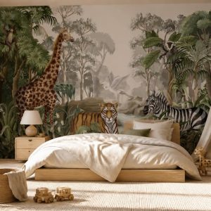 Bebek odası safari duvar kağıdı, tropikal orman, zürafa, kaplan ve zebra desenli modern çocuk odası duvar dekorasyonu.