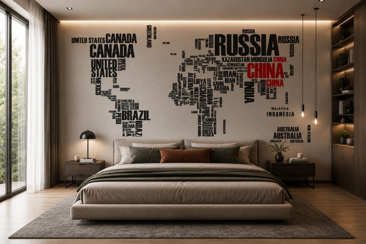 Yatak odası için tipografik dünya haritası duvar kağıdı, modern ülke isimleri desenli özel ölçü duvar kağıdı.