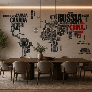 Yemek odası için tipografik dünya haritası duvar kağıdı, ülke isimleriyle tasarlanmış modern duvar dekorasyonu.