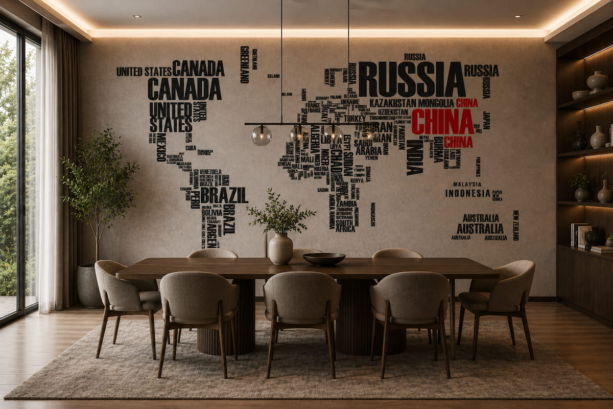 Yemek odası için tipografik dünya haritası duvar kağıdı, ülke isimleriyle tasarlanmış modern duvar dekorasyonu.