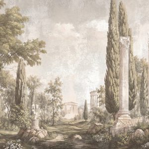 Klasik Roma mimarisi ve antik sütunlu manzara duvar kağıdı, tarihi Akdeniz bahçeleri, servi ağaçları, doğal peyzaj ve vintage taş dokusuyla salon, otel, villa ve ticari projeler için özel ölçü lüks panoramik duvar kaplaması.