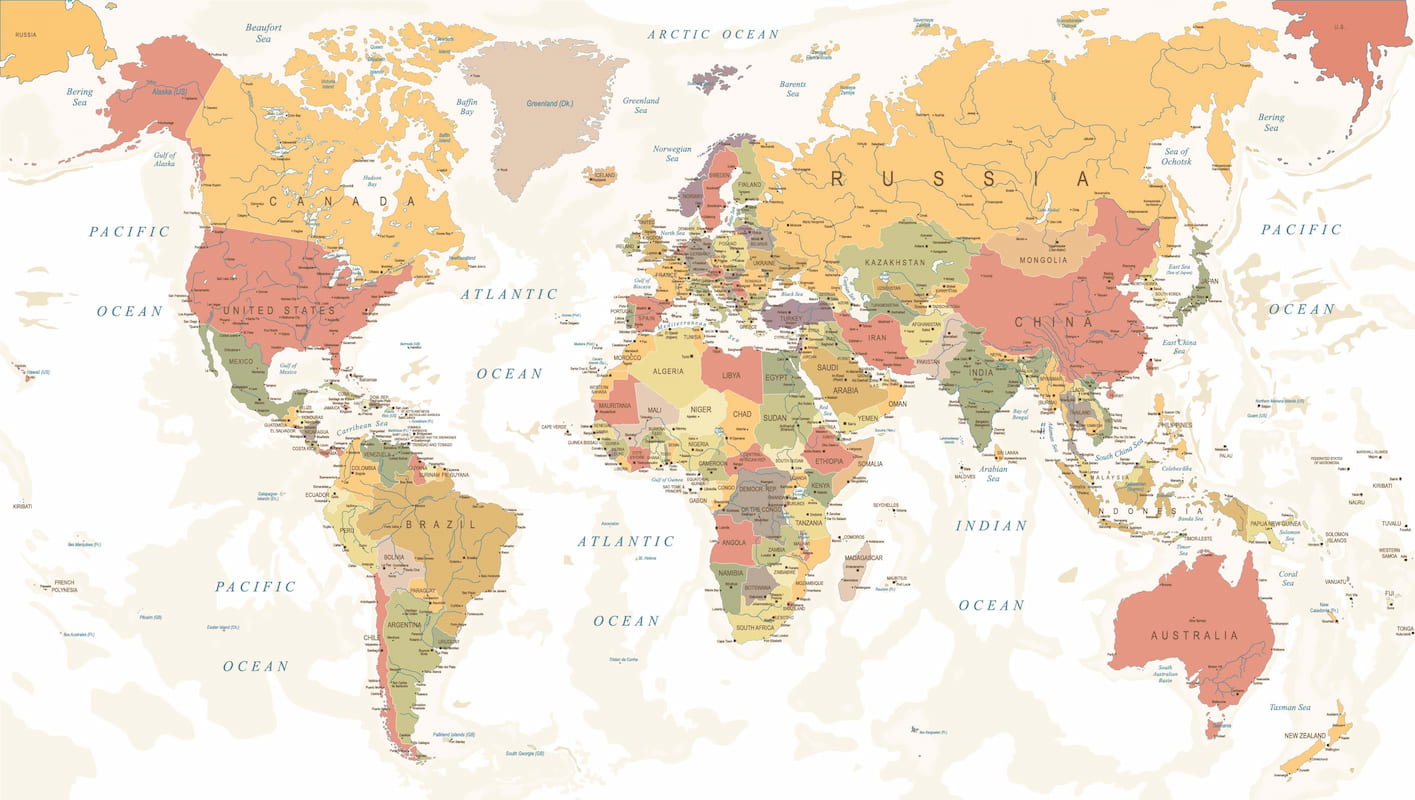 Renkli dünya haritası duvar kağıdı, pastel tonlarda detaylı siyasi atlas desenli özel ölçü harita duvar kağıdı.