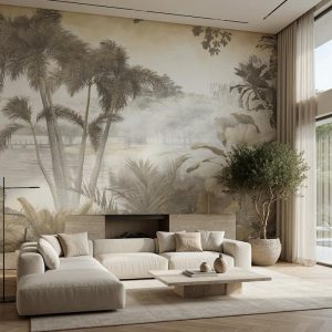 Salon için tropikal göl manzaralı duvar kağıdı, palmiye ağaçları ve doğal peyzaj deseniyle modern, huzurlu ve lüks duvar dekorasyonu.