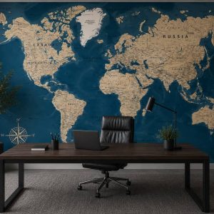 Ofis dekorasyonu için lacivert dünya haritası duvar kağıdı, modern atlas haritası desenli özel ölçü çalışma alanı duvar kağıdı.
