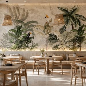 Tropikal palmiye, monstera yaprakları ve egzotik kuş desenli duvar kağıdı; restoran, kafe ve otel projelerine doğal dokularla sıcak, şık ve davetkâr bir ambiyans kazandırır.
