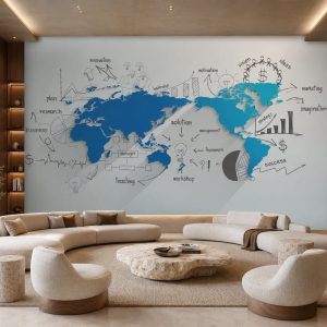 Salon dekorasyonu için dünya haritası duvar kağıdı, mavi harita tasarımlı modern özel ölçü duvar kağıdı.