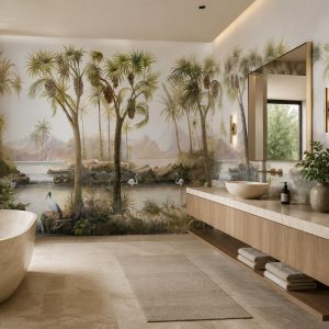 Doğal vaha manzaralı duvar kağıdı, su kenarı, tropikal palmiye ağaçları ve kuş figürleriyle banyolarda spa hissi veren sakin ve estetik bir ortam oluşturur.