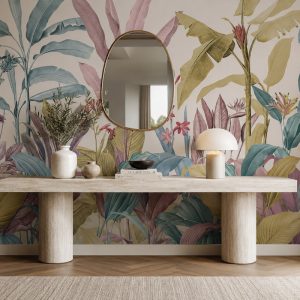 Antre ve giriş alanları için tropikal botanik duvar kağıdı, pastel yaprak desenleri ve egzotik bitkilerle modern, aydınlık ve şık duvar dekorasyonu sunar.