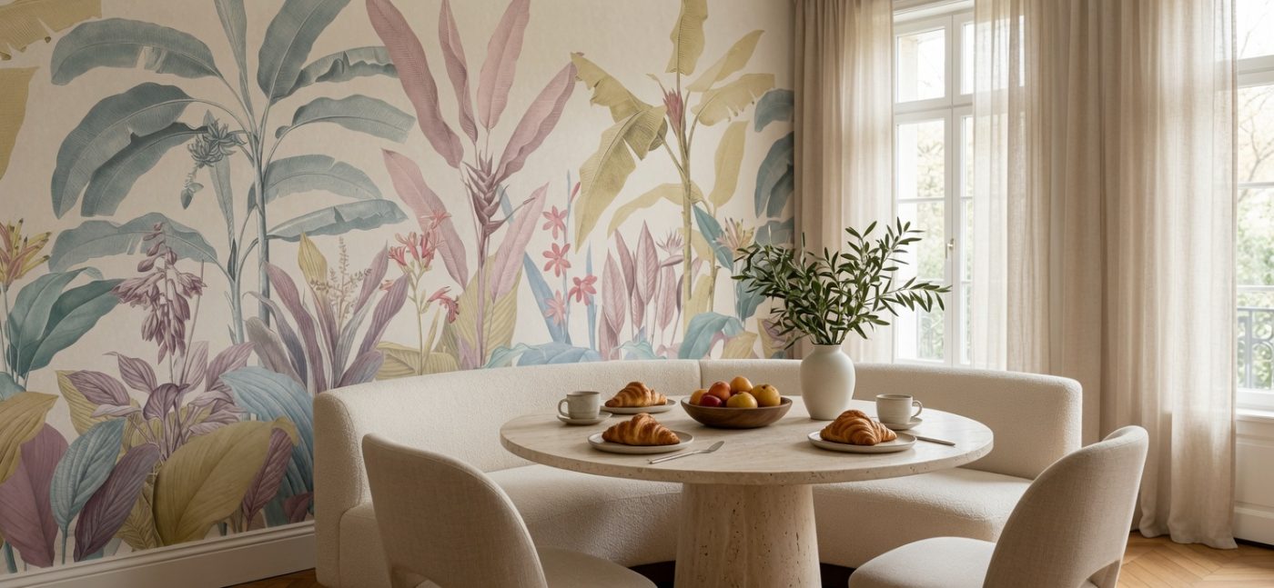 Pastel Tonlarda Muz Ağacı ve Tropikal Çiçek Desenli Duvar Kağıdı D00144