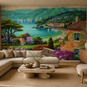 Salon için Akdeniz manzaralı duvar kağıdı, deniz kıyısı, sahil kasabası ve çiçek bahçesi desenli modern duvar dekorasyonu.