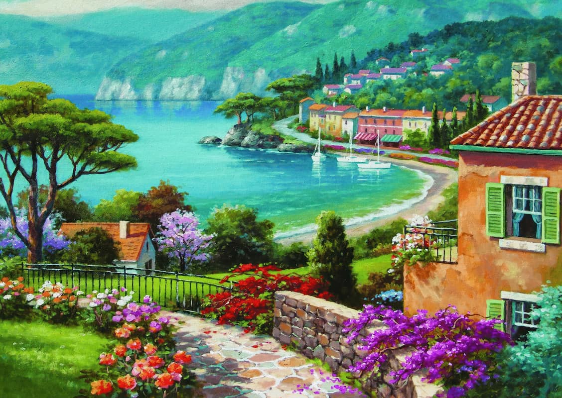 Akdeniz sahil kasabası manzaralı duvar kağıdı, deniz, dağ ve rengarenk çiçekler desenli özel ölçü duvar kağıdı.