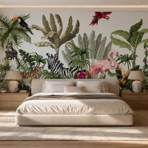 Yatak odası için tropikal safari duvar kağıdı, flamingo, zebra ve egzotik bitki desenleriyle doğal ve modern duvar dekorasyonu.