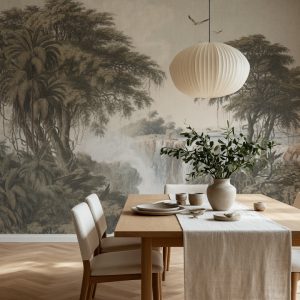 Tropikal orman ve şelale desenli duvar kağıdı, panoramik doğa manzarası ve vintage çizim stiliyle yemek odaları, restoranlar ve butik oteller için etkileyici bir dekorasyon sunar.