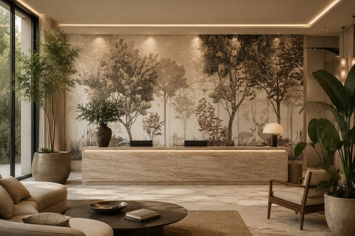 Salon için panoramik tropikal duvar kağıdı, göl manzarası, egzotik bitkiler ve lüks botanical duvar dekorasyonu.