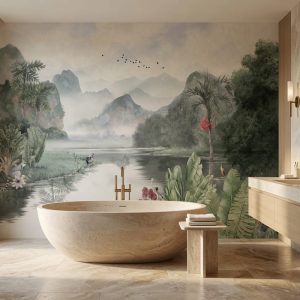 Banyo dekorasyonu için sisli göl ve dağ manzaralı duvar kağıdı, tropikal bitkiler ve doğal peyzaj deseniyle ferah ve spa hissi sunan özel ölçü duvar kaplaması.