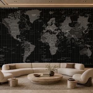 Salon dekorasyonu için siyah dünya haritası duvar kağıdı, koyu zeminli modern harita tasarımlı özel ölçü duvar kağıdı.
