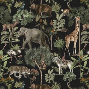 Fil, zürafa, zebra, leopar ve tropikal bitkilerden oluşan koyu zeminli safari duvar kağıdı, özel ölçü üretilebilen dekoratif panoramik duvar kaplaması.