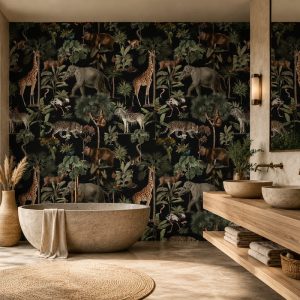 Banyo dekorasyonu için koyu renk safari duvar kağıdı, egzotik hayvanlar, tropikal yapraklar ve doğal orman temasıyla modern banyolara özgün bir görünüm sunar.