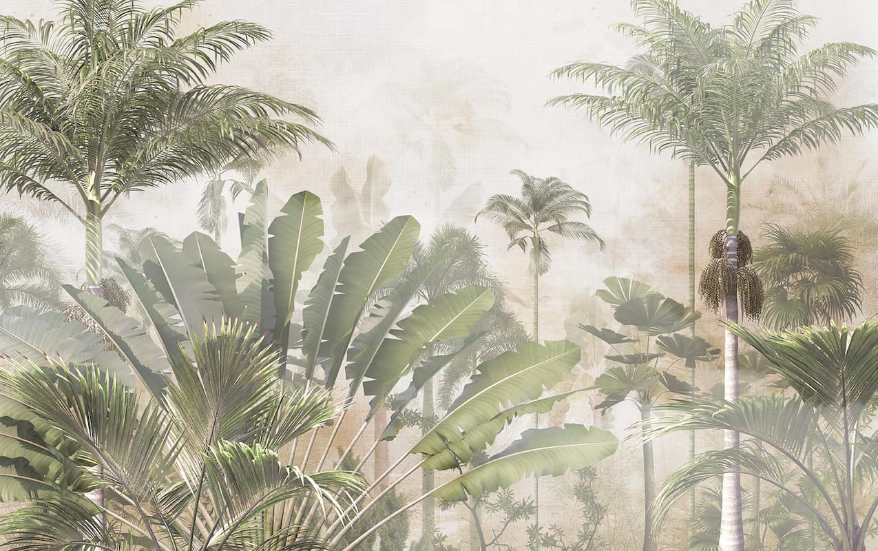 Tropikal palmiye ve egzotik yaprak desenli botanical duvar kağıdı, sis efektli doğal yeşil mural wallpaper.