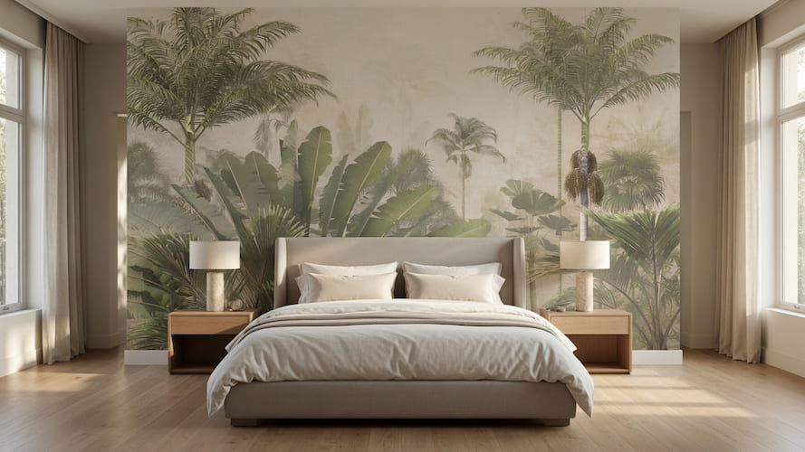 Tropikal palmiye ve egzotik yaprak desenli botanical duvar kağıdı, sis efektli doğal yeşil mural wallpaper.