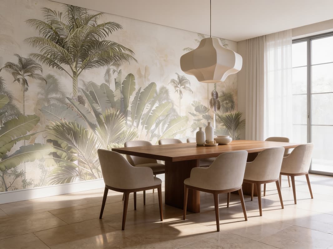 Tropikal palmiye duvar kağıdı, sis efektli botanical mural ve lüks yemek odası duvar dekorasyonu için özel ölçü duvar kağıdı.