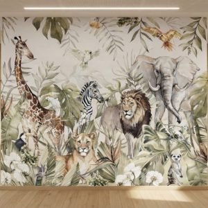 Safari hayvanları duvar kağıdı, aslan, fil, zürafa ve zebra desenli tropikal orman temalı salon duvar dekorasyonu.