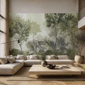 Salon için orman manzaralı duvar kağıdı, ağaçlar, doğal bitkiler ve yeşil tonlarla huzurlu, modern ve lüks duvar dekorasyonu.
