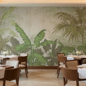 Restoran dekorasyonu için tropikal botanik duvar kağıdı, palmiye ağaçları ve tropikal yaprak desenli özel ölçü duvar kağıdı.