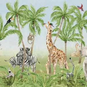 Safari hayvanları duvar kağıdı, zürafa, zebra, fil, lemur, tukan ve palmiye ağaçları desenli bebek odası duvar kağıdı.