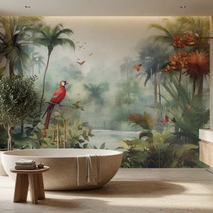 Lüks banyo için tropikal papağan desenli duvar kağıdı, egzotik bitkiler ve doğal göl manzarasıyla ferah ve modern duvar dekorasyonu.