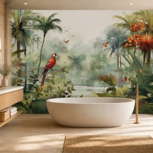 Banyo dekorasyonu için tropikal papağan desenli duvar kağıdı, göl manzarası ve egzotik bitkilerle spa atmosferi oluşturan duvar dekorasyonu.