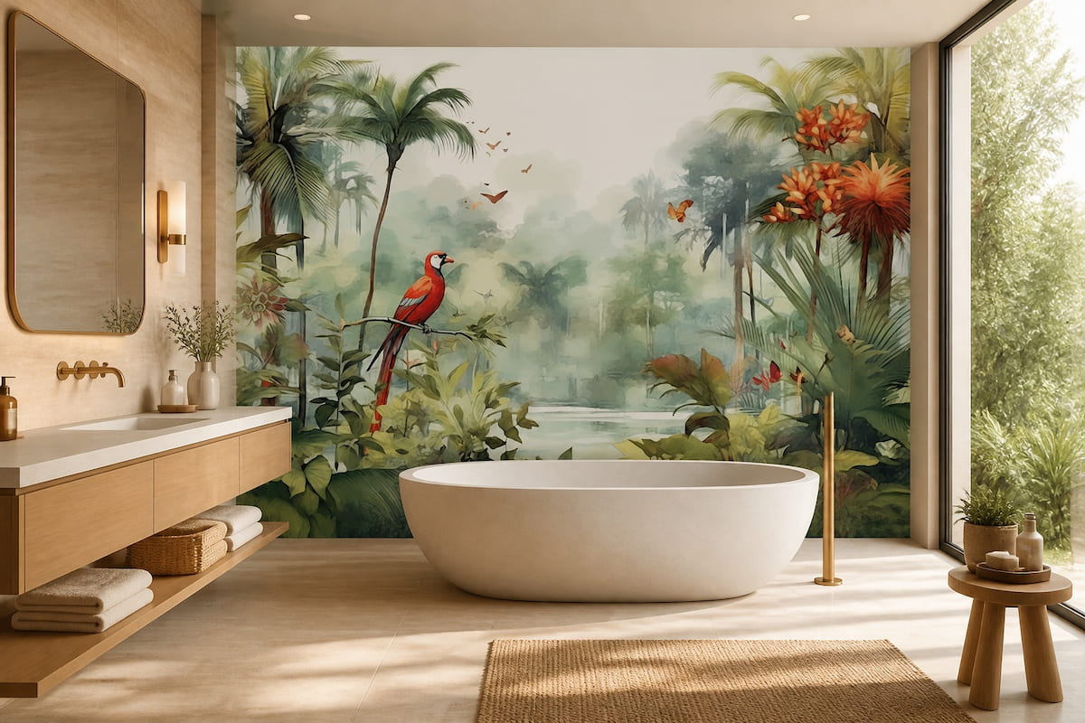 Banyo dekorasyonu için tropikal papağan desenli duvar kağıdı, göl manzarası ve egzotik bitkilerle spa atmosferi oluşturan duvar dekorasyonu.