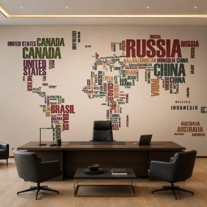 Ofis dekorasyonu için tipografik dünya haritası duvar kağıdı, ülke isimleriyle tasarlanmış modern harita duvar kağıdı.