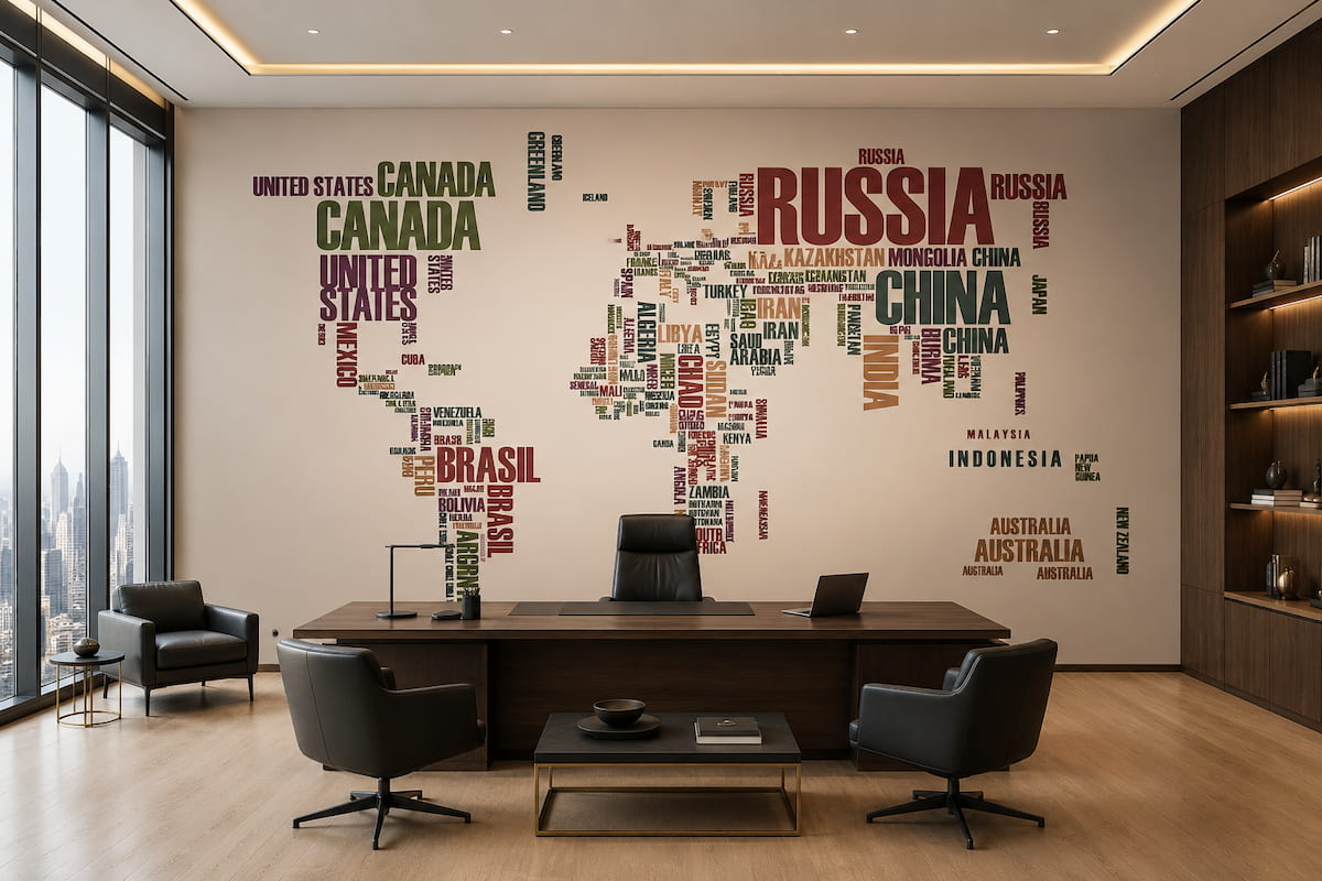 Ofis dekorasyonu için tipografik dünya haritası duvar kağıdı, ülke isimleriyle tasarlanmış modern harita duvar kağıdı.