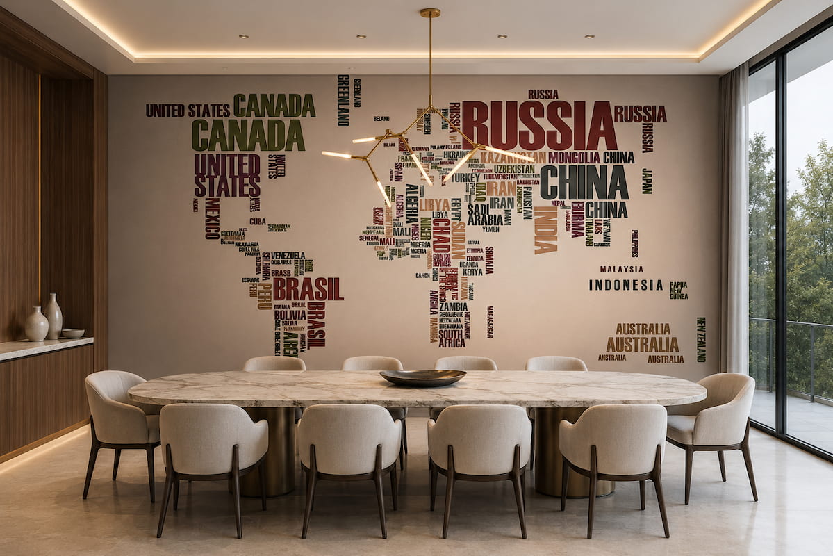 Yemek odası için tipografik dünya haritası duvar kağıdı, ülke isimleri desenli modern özel ölçü duvar kağıdı.