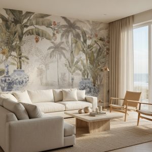 Tropikal panoramik duvar kağıdı, palmiye ağaçları, egzotik bitkiler ve klasik seramik vazo desenleriyle oturma odası, villa, otel ve prestijli yaşam alanlarında dekorasyonu tamamlayan özel tasarım duvar kaplaması.