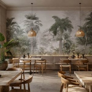 Kafe ve restoran dekorasyonu için tropikal palmiye duvar kağıdı, doğal orman manzarası ve yeşil bitki desenli özel üretim duvar kaplaması.