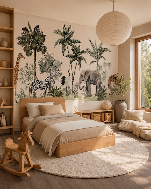 Safari temalı çocuk odası duvar kağıdı, tropikal orman, palmiye ağaçları, fil ve zebra desenli modern çocuk odası duvar dekorasyonu.