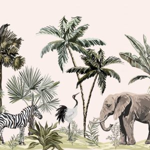 Safari hayvanları ve tropikal palmiye desenli çocuk odası duvar kağıdı, fil, zebra ve doğal bitkiler temalı özel ölçü duvar kağıdı.