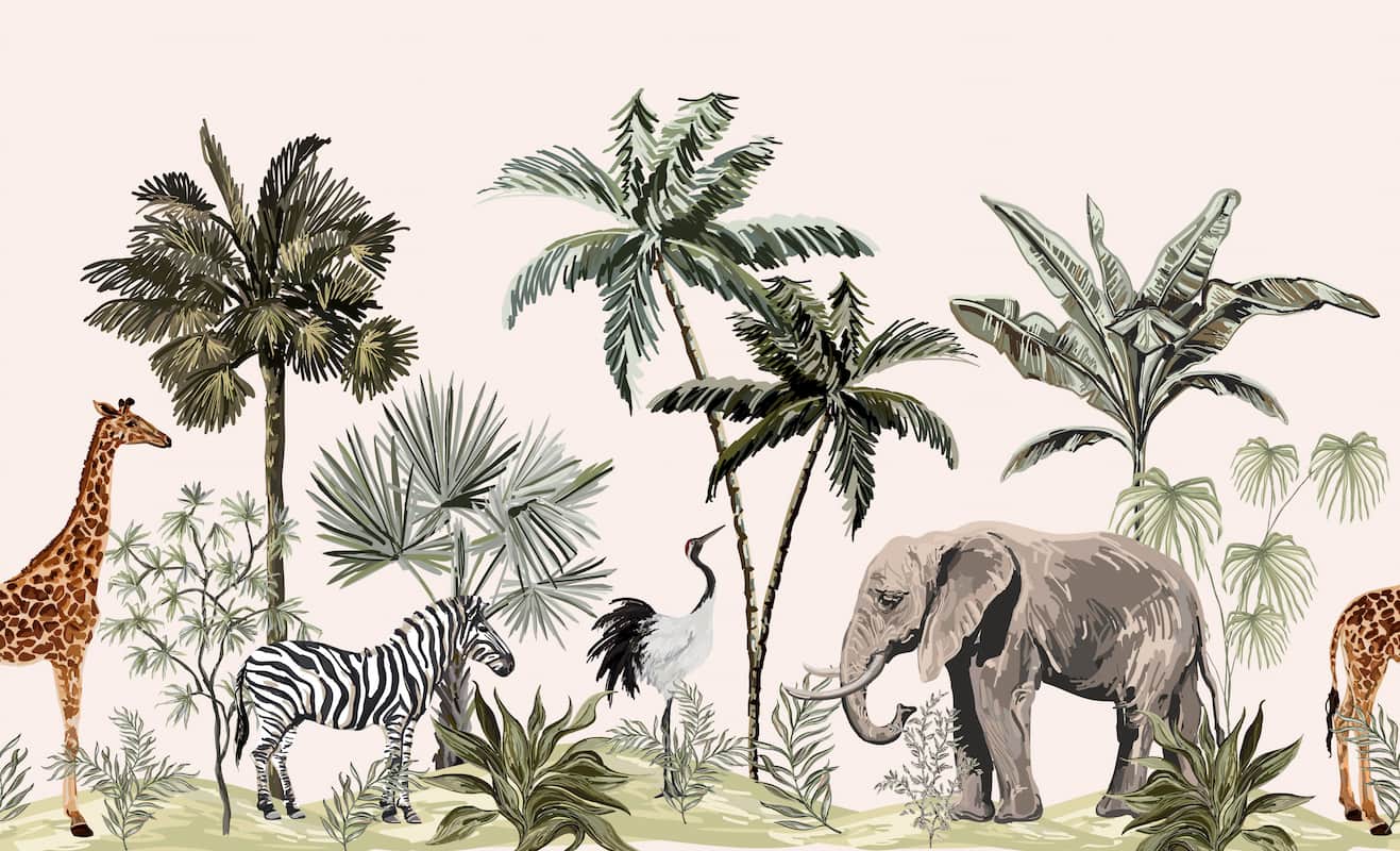 Safari hayvanları ve tropikal palmiye desenli çocuk odası duvar kağıdı, fil, zebra ve doğal bitkiler temalı özel ölçü duvar kağıdı.