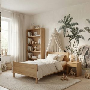 Bebek odası safari temalı duvar kağıdı, tropikal bitkiler, palmiye ağaçları, fil ve zebra desenli modern çocuk odası dekorasyonu.