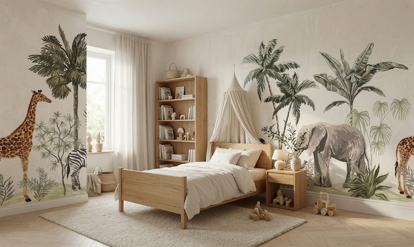 Bebek odası safari temalı duvar kağıdı, tropikal bitkiler, palmiye ağaçları, fil ve zebra desenli modern çocuk odası dekorasyonu.
